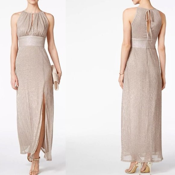 R & M‎ Richards Gold Metallic Knit
Keyhole Halter Gown Side Slit Size 16 - Picture 1 of 7